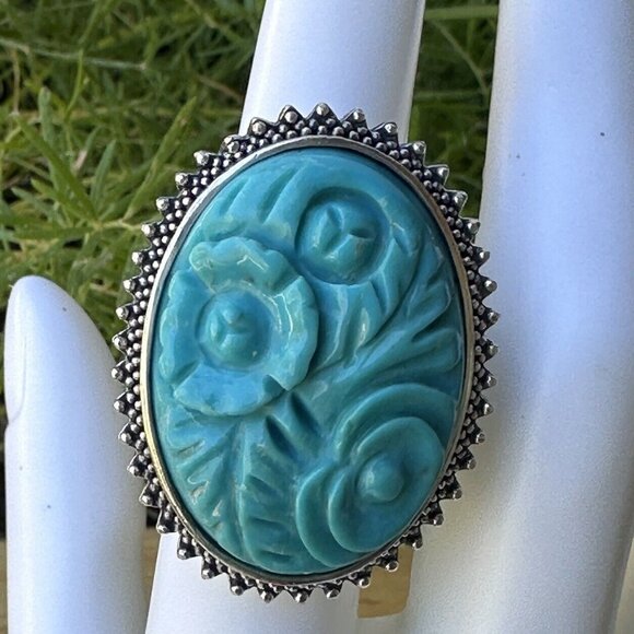 VTG Amy Kahn Russell Sterling Silver Ring Sz 5.75 Floral Carved Turquoise‎ 16.3g - Picture 1 of 8